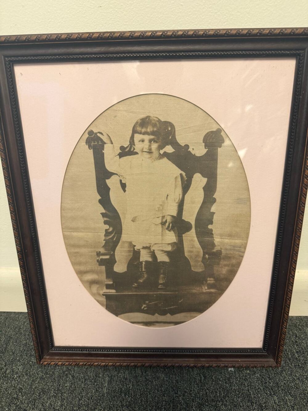 Antique Black and White Portrait of a Toddler in an Oval Frame 17X14"